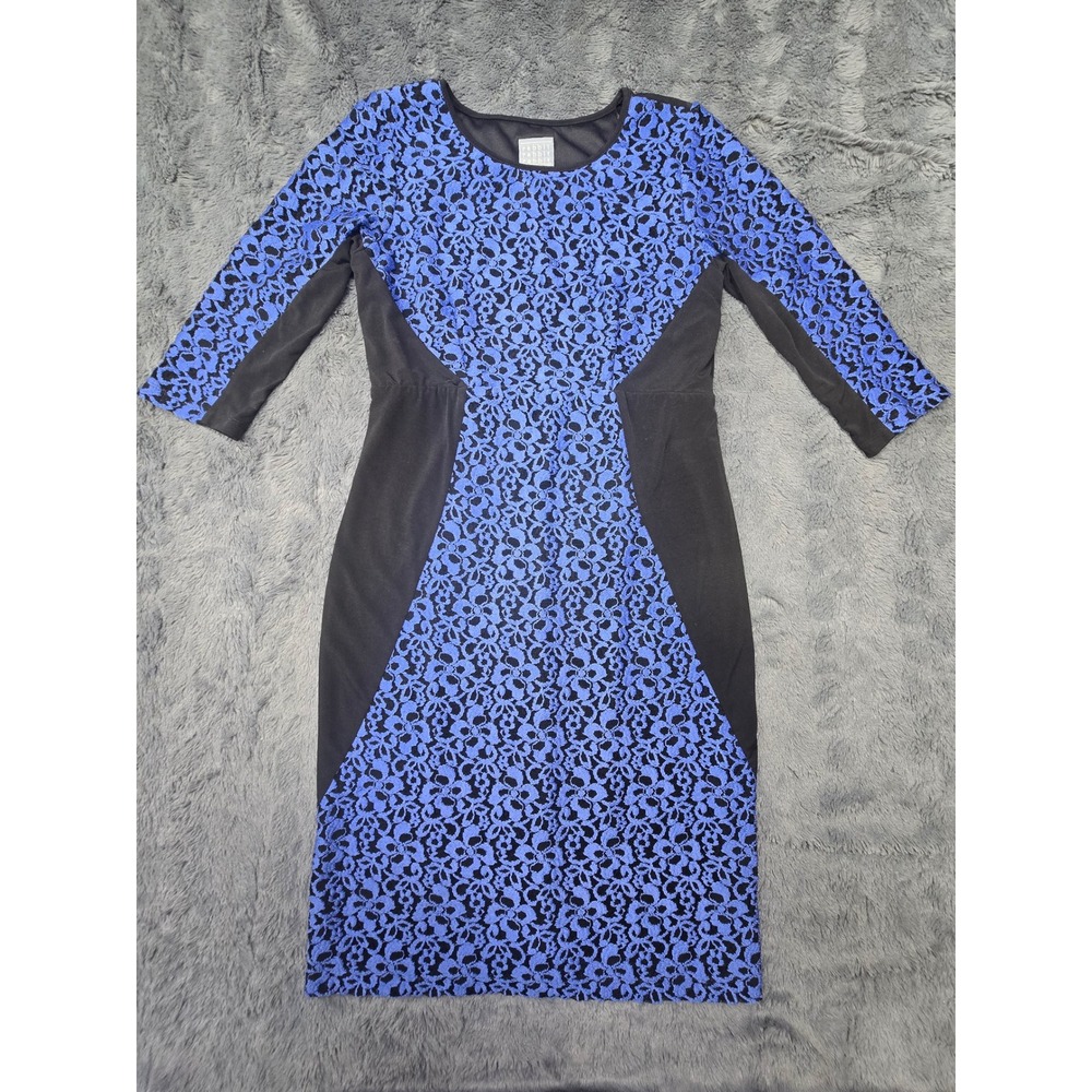 Rabbit Rabbit Rabbit Designs Blue Black Floral Lace Sheath Dress Size 8 3/4 Slv